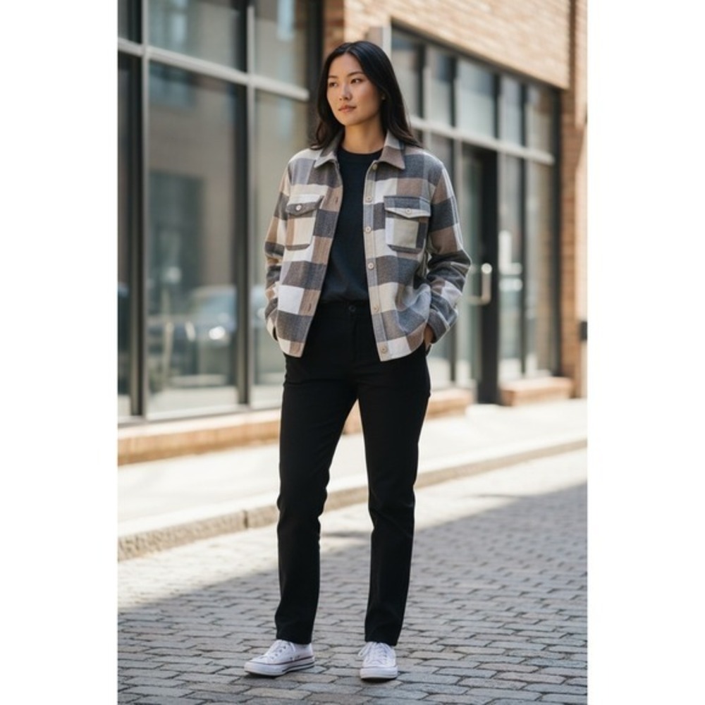 Magaschoni Womens Plaid Shacket Black Camel Ivory Button Front‎ Shirt Jacket M
